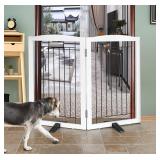 Freestanding Dog Fence Indoor Use, White, Wood wit