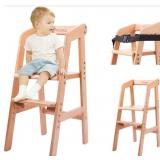 Wooden High Chair, Adjustable With Steps And Strap
