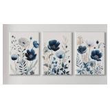 Navy Blue Floral Wall Canvas Art, 3 Pc 16x24' Eac