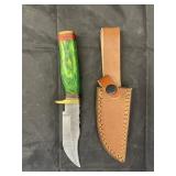 Single Blade Damascus Knife w/ Leather Sheath