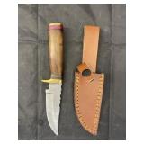 Single Blade Damascus Knife w/ Leather Sheath
