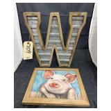 Metal Decorative Letter "W" & Framed Pig Pic