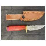 Single Blade Damascus Knife w/ Leather Sheath
