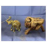 Wood Pedestal Dish & Brass Elephant