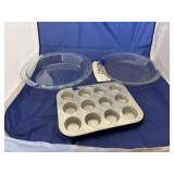 2 Glass Pie Pans & Metal Mini Muffin Pan