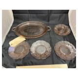 5 Pcs - Pink Depression Glass Saucers & Platter