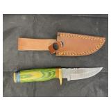 Single Blade Damascus Knife w/ Leather Sheath