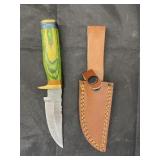 Single Blade Damascus Knife w/ Leather Sheath