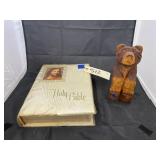 Holy Bible & Wood Bear Figurine