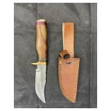 Single Blade Damascus Knife w/ Leather Sheath