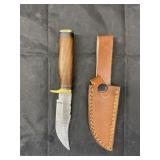 Single Blade Damascus Knife w/ Leather Sheath