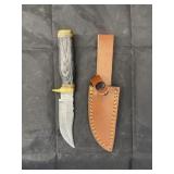 Single Blade Damascus Knife w/ Leather Sheath
