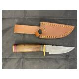 Single Blade Damascus Knife w/ Leather Sheath