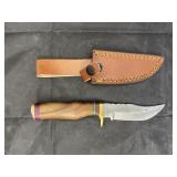 Single Blade Damascus Knife w/ Leather Sheath