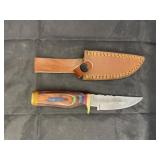 Single Blade Damascus Knife w/ Leather Sheath
