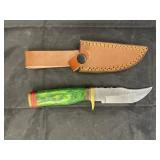 Single Blade Damascus Knife w/ Leather Sheath