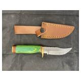 Single Blade Damascus Knife w/ Leather Sheath