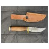 Single Blade Damascus Knife w/ Leather Sheath
