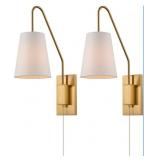 2 Pk Modern Brass Plug In Wall Sconces- Fabric Sha