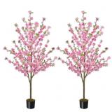 2 Pack Cherry Blossom Tree Faux Silk Plant , Plast