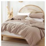 King Size Comforter Set with Ball Pom Fringe, Taup