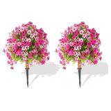 2 Set Faux Floral Bush  - Pink/Green - Ground Stak