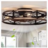 Farmhouse Flush Mount Ceiling Fan/Light- Caged, Lo