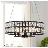 20' Modern Black Crystal Chandelier, 5-Light Roun