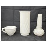 3 Pcs - Milk Glass Vases & Cup