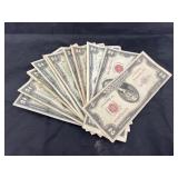 12 Two Dollar Bills - 2 w/Red Seal