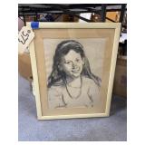 Framed Drawing of Girl by Lebow? 17"x21"