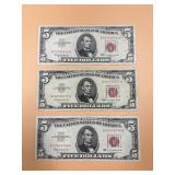 3 - Red Seal $5 Bills