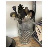 Glass Pitcher w/Assorted Flatware