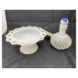 2 - Milk Glass Pcs - Pedestal Dish & Decanter