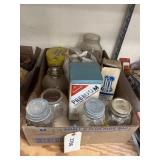 Box of Assorted Glass Jars & Old Cracker Tins