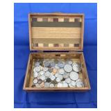 Assorted Coins in Wood Box