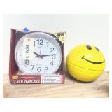 Smiley Face Coin Bank & Wall Clock NIB