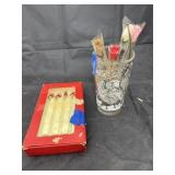 2 Pcs - Glass Cup w/Roses & Glass Coffee Stirrers