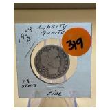 1908 - d Liberty Quarter 13 Stars - fine