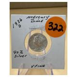 1936 - d Mercury Dime 90% Silver - very fine