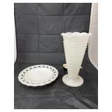 2 Pcs - Milk Glass Plate & Vase