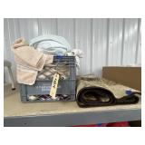Plastic Milk Crate w/Towels & Sheets & Rug Runner
