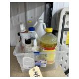Assorted Cleaning Supplies in Plastic Bin