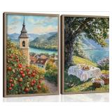 2pc Wooden Framed Vintage Landscape Wall Art, Past