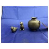 3 Pcs - Brass Vase & Dog & Bird Figurines
