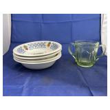 5 Pcs - Uranium Glass 2-Handled Cup & 4 Bowls