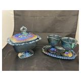 Blue Carnival Glass Sugar - Creamer - Tray