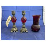 3 Pcs - Candle Sticks & Red Vase