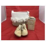 Basket w/Vintage Baby Powder & Baby Shoes