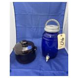 Blue Glass Tea Dispenser & West Bend Stoneware Cro